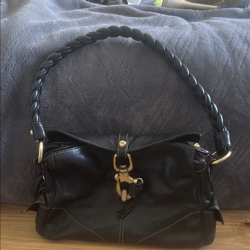 Black Braided Leather Shoulder Bag with Gold Accent